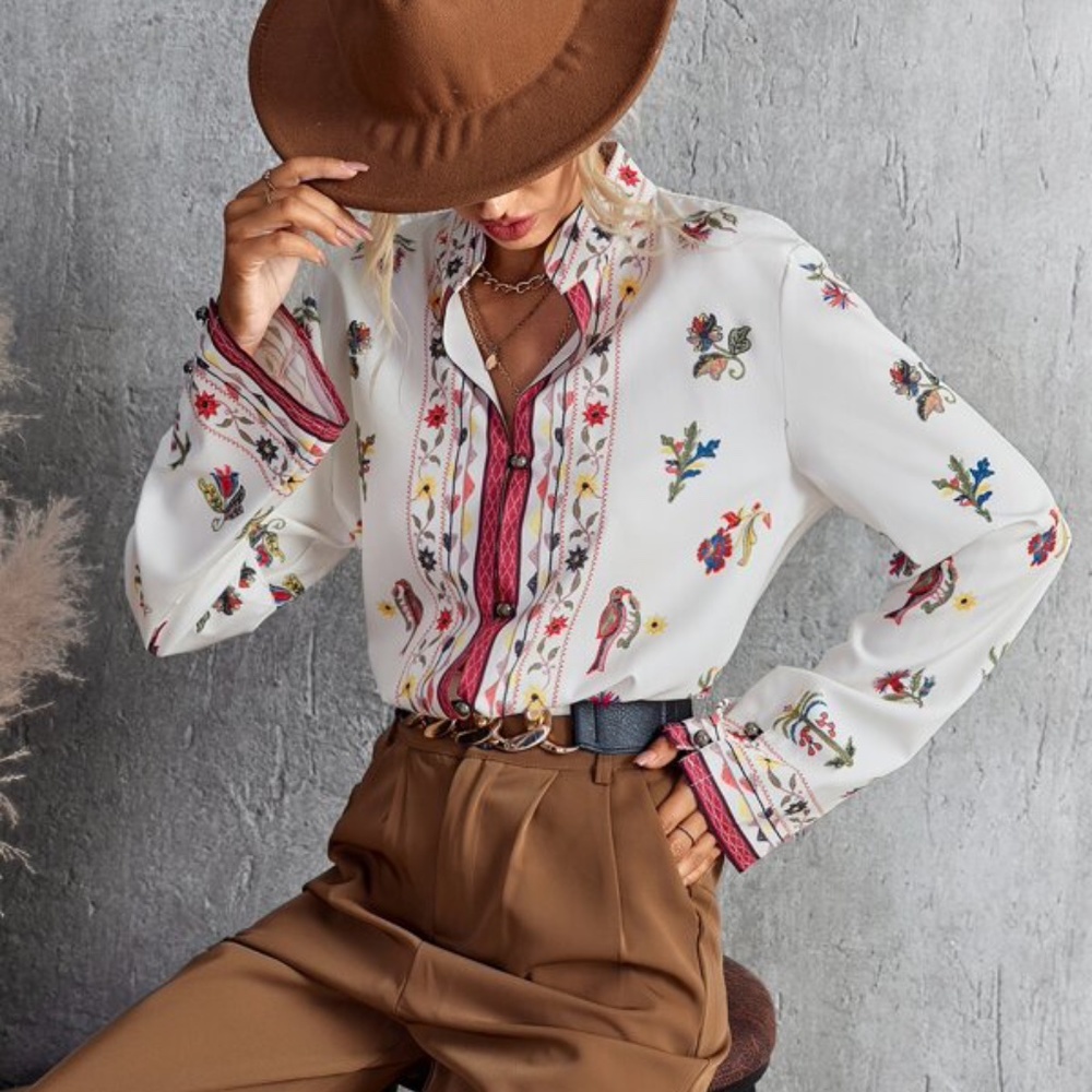 Boho Pink Floral Print Casual Blouse Cottage Core - Picture 4 of 4